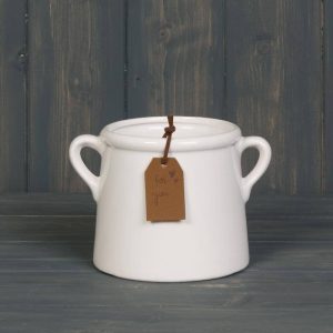 White pot with Leatherette Tag