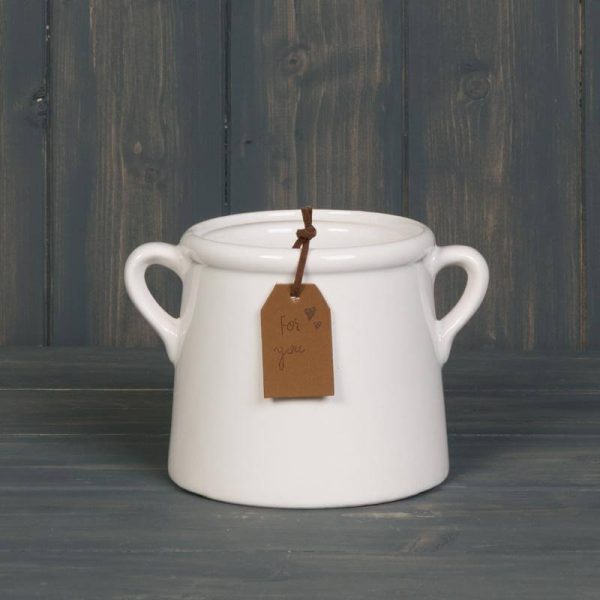 White pot with Leatherette Tag