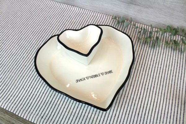 White and Black Ceramic Heart Snack Dish