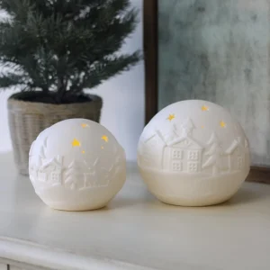 White Embossed Ceramic LED Christmas Scene Ball Ornament
